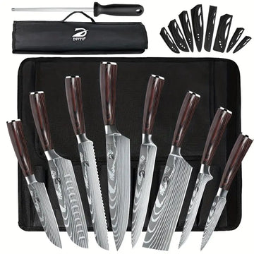 8-Piece Professional Japanese Kitchen Knife Set with Sharpener and Nylon Bag – Chef, Santoku, Paring, Cleaver, Bread, Boning, Vegetable and Steak Knives