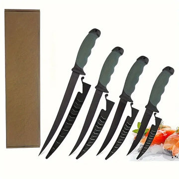 4-Piece Fish Fillet Knife Set with Sheath – Non-Stick Stainless Steel Blades & Soft Grip Handles
