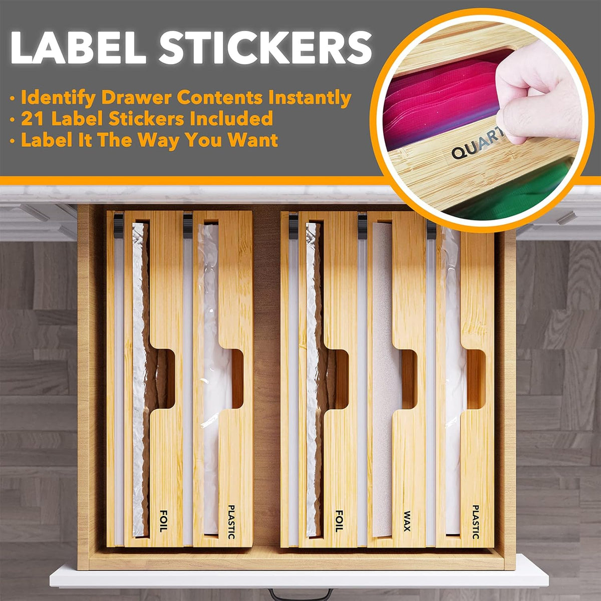 3-in-1 Bamboo Wrap Organizer with Cutter & Labels – Kitchen Drawer Dispenser for Plastic Wrap, Aluminum Foil & Wax Paper, Fits 12-Inch Rolls