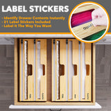 3-in-1 Bamboo Wrap Organizer with Cutter & Labels – Kitchen Drawer Dispenser for Plastic Wrap, Aluminum Foil & Wax Paper, Fits 12-Inch Rolls