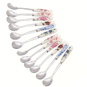 Elegant 12pcs Floral Print Stainless Steel Flatware Set with Ceramic Handles – Dessert, Coffee, Tea & Salad Spoons & Forks