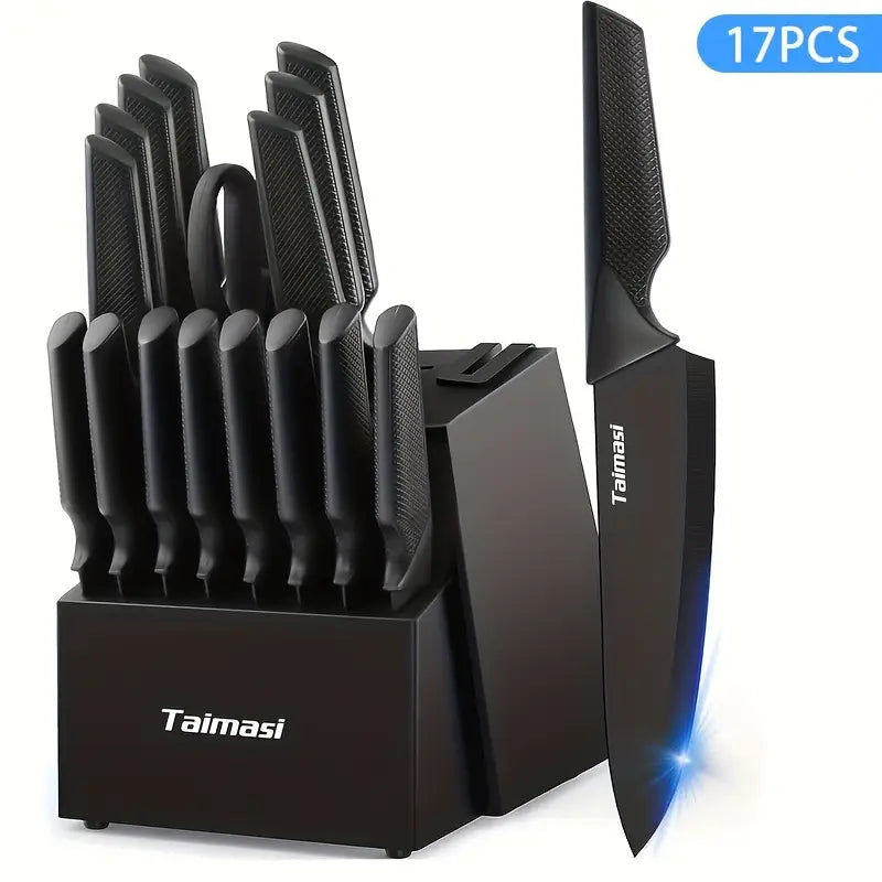 17-Piece Stainless Steel Knife Set with Stand – Chef, Steak, Bread Knives & Accessories
