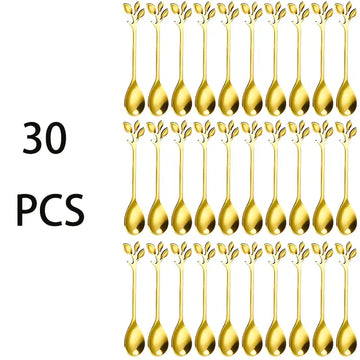 30pcs Stainless Steel Leaf Design Coffee & Tea Spoon Set – Mini Dessert Spoons for Espresso, Ice Cream & Kitchen Use