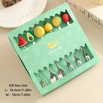Fruit Theme Stainless Steel Dessert Spoon and Fork Set - 6pcs with Cute Fruit Handles, Perfect for Coffee, Ice Cream & Beverages - Gift Box Included