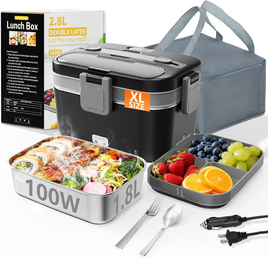 Electric Lunch Box for Adults – 2.8L Heated Lunch Box with 100W Fast Heating, Double Layer Food Warmer for Car, Truck, Home & Office