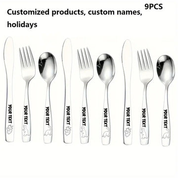 Personalized Dinosaur Stainless Steel Cutlery Set – Custom Name Engraved, 6/9/12pcs (Knives, Forks, Spoons & Teaspoons)