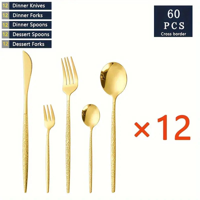 12 Sets (60 PCS) Gold Hammered Stainless Steel Dinnerware Set – Knife, Fork, Spoon, Teaspoon, Dessert & Fruit Utensils for Home, Hotel, & Weddings