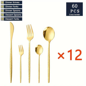 12 Sets (60 PCS) Gold Hammered Stainless Steel Dinnerware Set – Knife, Fork, Spoon, Teaspoon, Dessert & Fruit Utensils for Home, Hotel, & Weddings