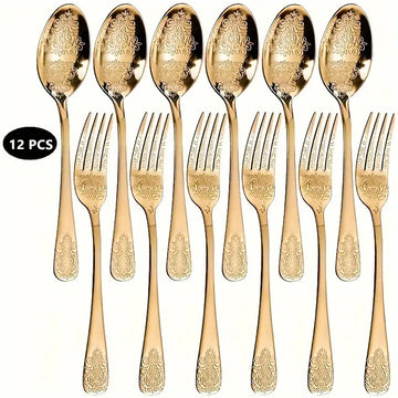 12-Piece Stainless Steel Cutlery Set - 6 Forks & 6 Spoons, Dishwasher Safe, Embossed Design for Home & Restaurant Use