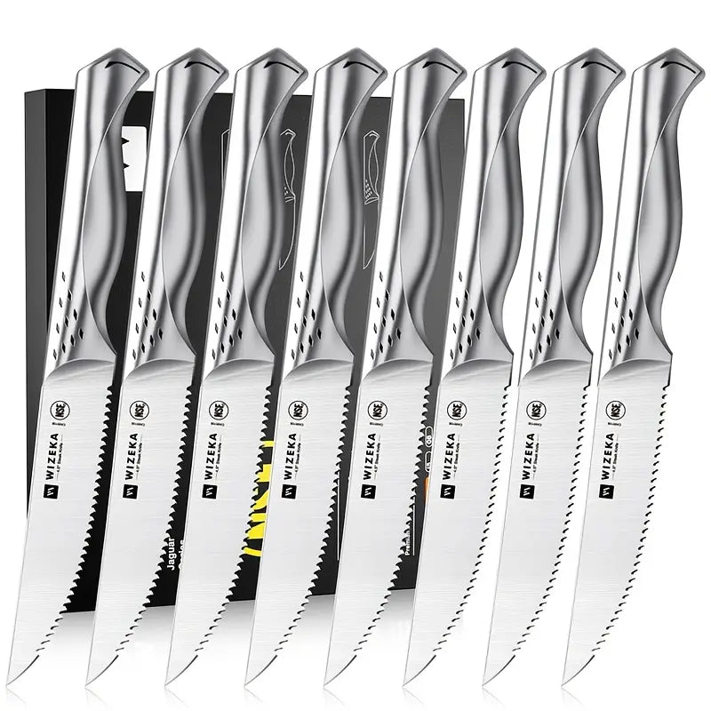 WIZEKA Jaguar Series Steak Knives Set – 4/6/8pcs, 4.5-Inch German Stainless Steel, Dishwasher Safe, Serrated Blades
