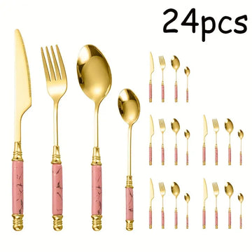 24pcs Stainless Steel Cutlery Set with Ceramic Handles – Dinner & Dessert Spoons, Forks, Knives for Home, Hotels, Restaurants & Parties
