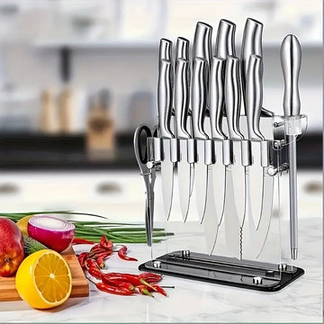 14-Piece Stainless Steel Knife Set with Acrylic Holder, Steak Knives & Sharpener – Rust-Free, Ultra-Sharp Cutlery for Kitchen