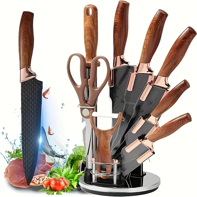 9-Piece Ultra-Sharp Kitchen Knife Set with Sharpener & Rotating Block – High-Carbon Stainless Steel, Anti-Rust, Non-Stick