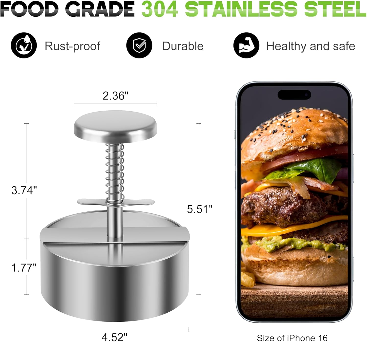 Burger patty press with spring-loaded button