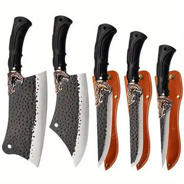 5pcs Professional Kitchen Chef Knife Set – Handmade Forged Stainless Steel Knives, Boning, Vegetable, Utility, Fish & Meat Cleaver