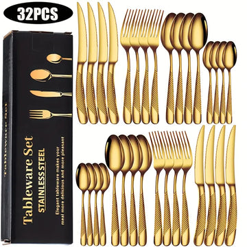 32pcs Elegant Stainless Steel Star Drill Tableware Set - Diamond Star Pattern - Includes Dinner Knife, Fork, Spoon, Dessert Spoon - Dishwasher Safe - Perfect for Weddings, Parties, and Holidays