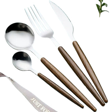 24-Piece Portuguese Stainless Steel Cutlery Set with Wood Grain Handle – Dishwasher Safe, Premium Silverware for Home, Restaurant & Events