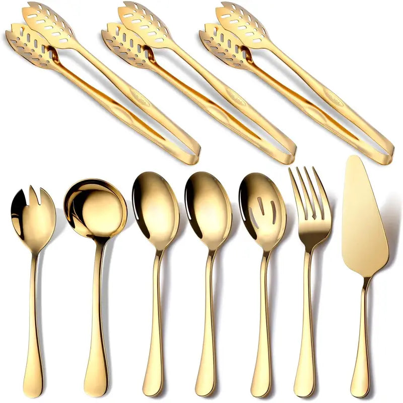 10-Piece Polished Stainless Steel Gold Serving Utensil Set – Spoons, Forks, Ladle & More