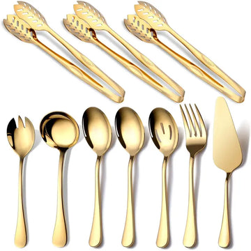 10-Piece Polished Stainless Steel Gold Serving Utensil Set – Spoons, Forks, Ladle & More