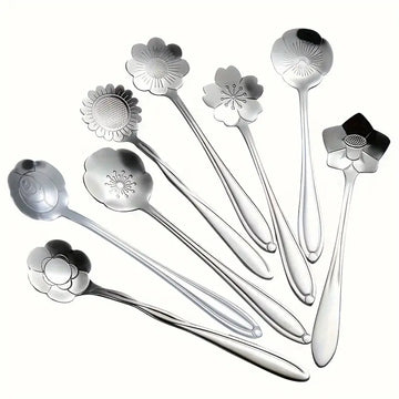 8pcs Stainless Steel Golden Flower Spoons - Tea, Coffee & Dessert Spoons, 4.9 Inch, Dishwasher Safe