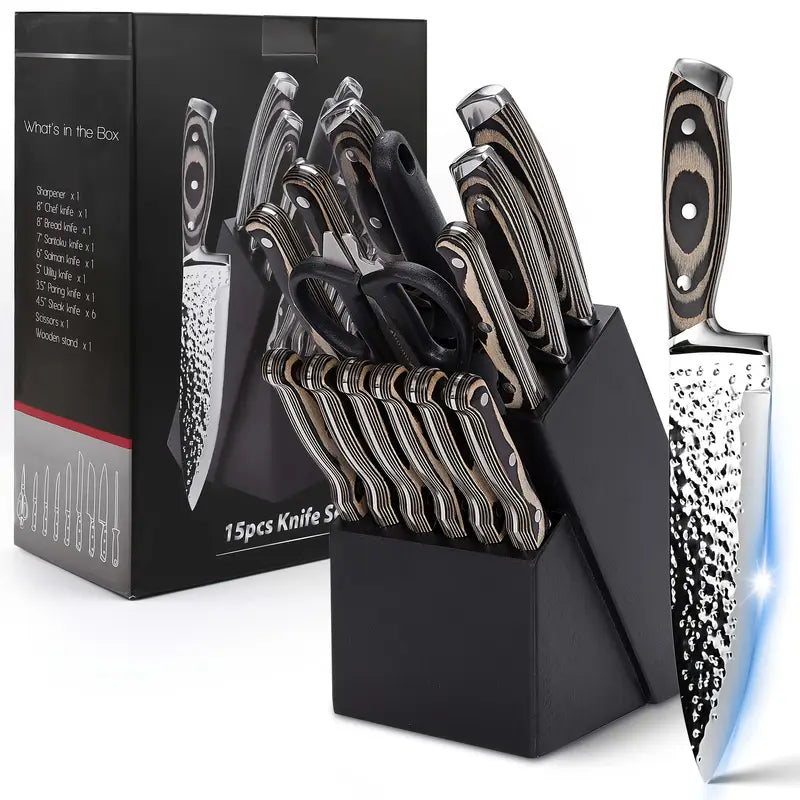 15-Piece Elegant Kitchen Knife Set with Block & Sharpener – Hammered Carbon Stainless Steel, Wooden Handles