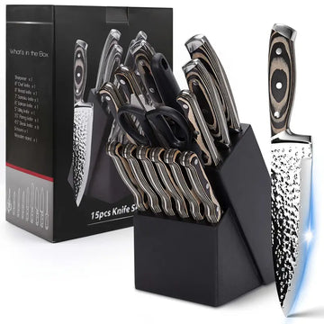 15-Piece Elegant Kitchen Knife Set with Block & Sharpener – Hammered Carbon Stainless Steel, Wooden Handles