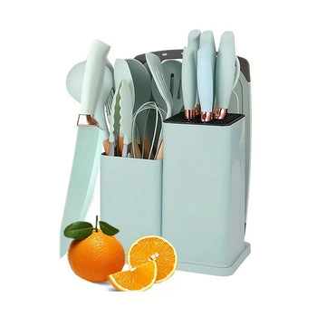 19pcs Kitchen Utensils & Knife Set with Block – 11 Silicone Cooking Utensils, 5 Stainless Steel Chef Knives, Scissors, Whisk, Tongs & Cutting Board