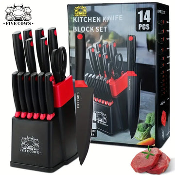 15-Piece Asety Kitchen Cutter Set with Built-in Sharpener, High Carbon Stainless Steel, NSF Food Safe, Dishwasher Safe, Black, Gift Box