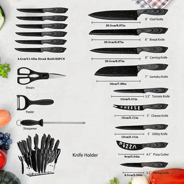 19-Piece Premium High-Carbon Stainless Steel Knife Set - Includes Steak Knives, Chef Knife, Bread Knife, Scissors, Sharpener & Storage Block
