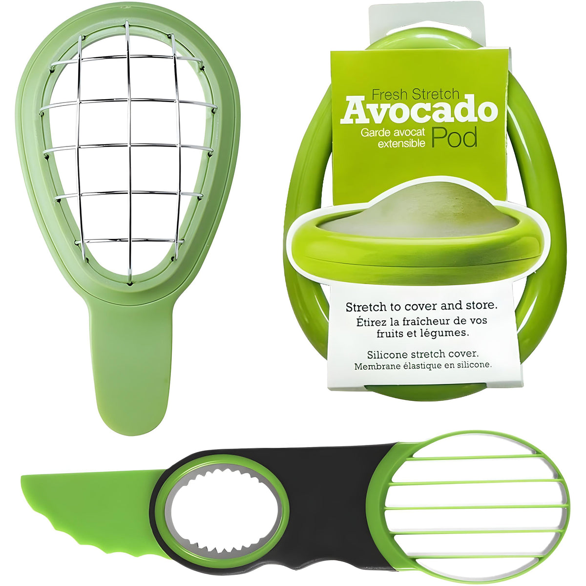 3 piece avocado slicer tool set for cutting and storing avocados