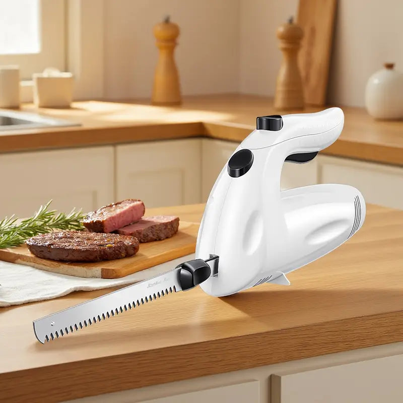 Reemix 150W Electric Knife Set for Carving Meats, Poultry, Bread with Serving Fork and 2 Blades - White