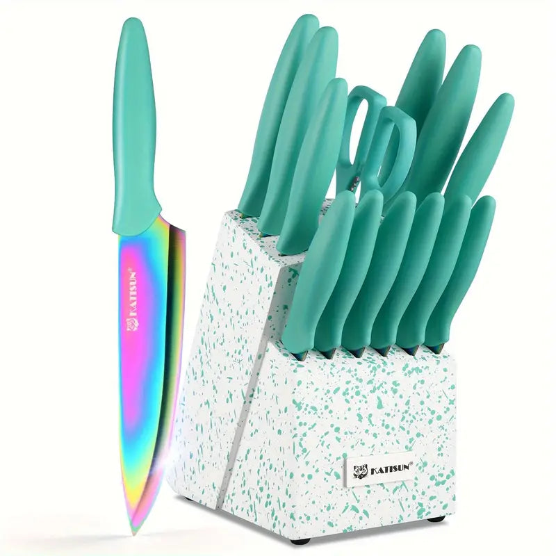 14pcs Rainbow Stainless Steel Kitchen Knife Set – High-Carbon Titanium-Coated Blades with Wooden Stand & Kitchen Scissors | Rust-Resistant, Super Sharp Cutlery for Home & Restaurant