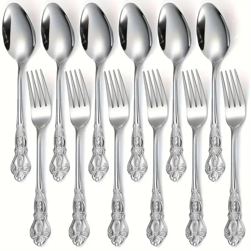 12pcs Vintage Stainless Steel Dessert & Coffee Spoon & Fork Set – Elegant Tableware for Home, Kitchen & Party