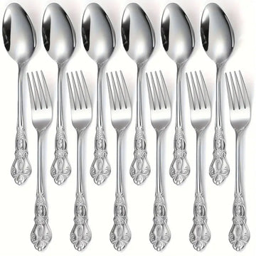 12pcs Vintage Stainless Steel Dessert & Coffee Spoon & Fork Set – Elegant Tableware for Home, Kitchen & Party