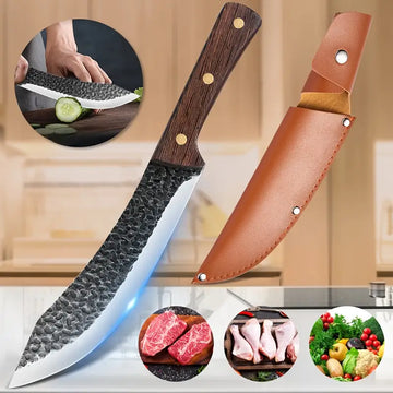 8-Inch Hand Forged Chef Cleaver Knife with Sheath – Professional Butcher Knife for Meat & Vegetables, Full Tang Stainless Steel, Ergonomic Wood Handle
