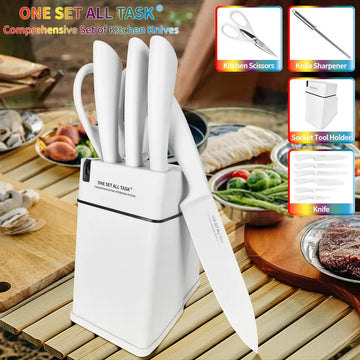 9-Piece High Carbon Stainless Steel Knife Set with Block & Built-in Sharpener – White