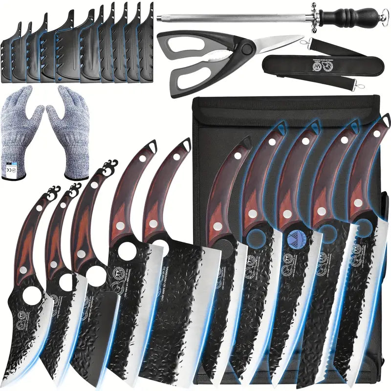 10-Piece Kitchen Knife Set with Roll Bag – Butcher Knife, Scissors, Honing Steel & Whetstone, Perfect Gift for Special Occasions