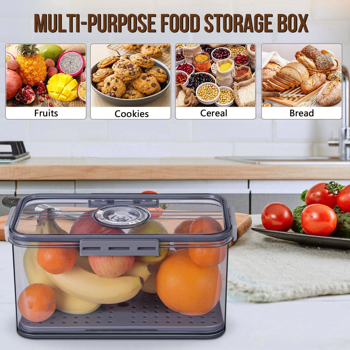 Bread bin with adjustable air valve for controlled food storage