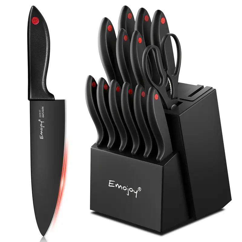 Emojoy 15-Piece Stainless Steel Kitchen Knife Set with Block and Built-in Sharpener, Dishwasher Safe, Black