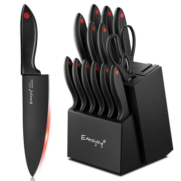 Emojoy 15-Piece Stainless Steel Kitchen Knife Set with Block and Built-in Sharpener, Dishwasher Safe, Black