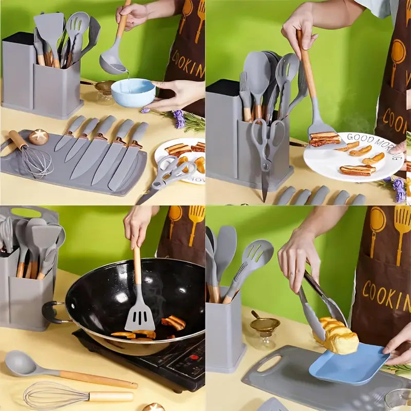 19pcs Silicone Kitchenware & Stainless Steel Knife Set with Wooden Handle Utensils and Storage Bucket