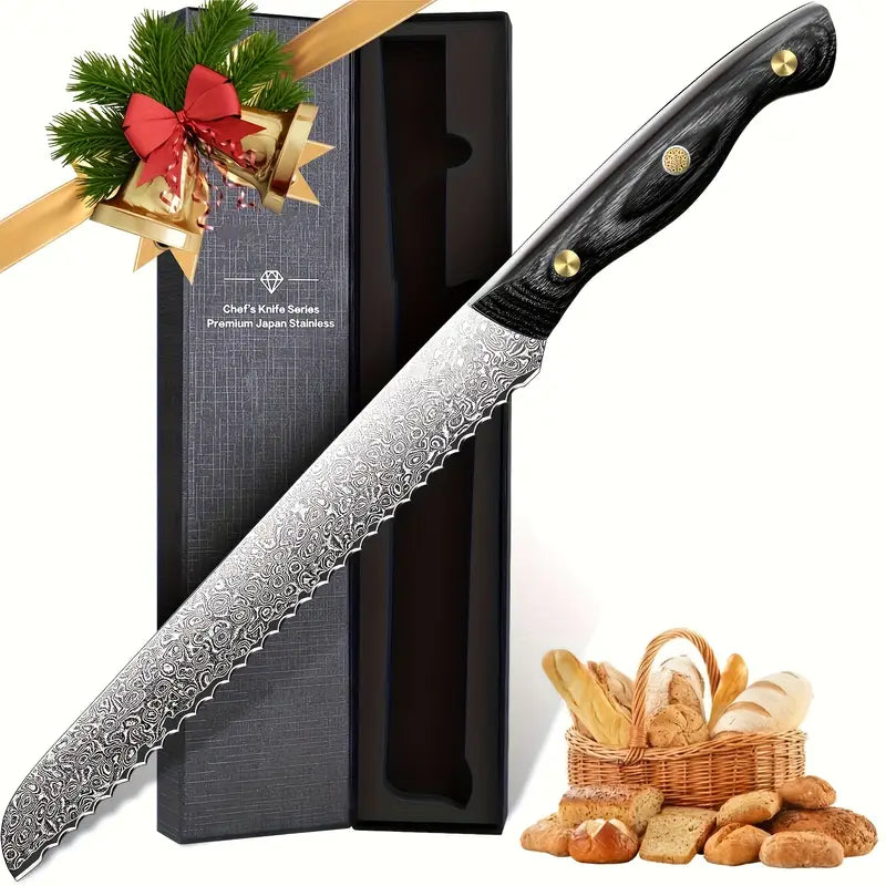 8.7 Inch VG10 Damascus Serrated Bread Knife – Wavy Edge with Wooden Handle for Bread, Sourdough & Sandwiches
