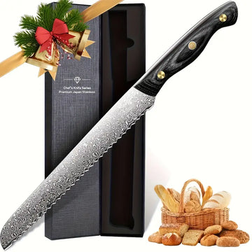 8.7 Inch VG10 Damascus Serrated Bread Knife – Wavy Edge with Wooden Handle for Bread, Sourdough & Sandwiches