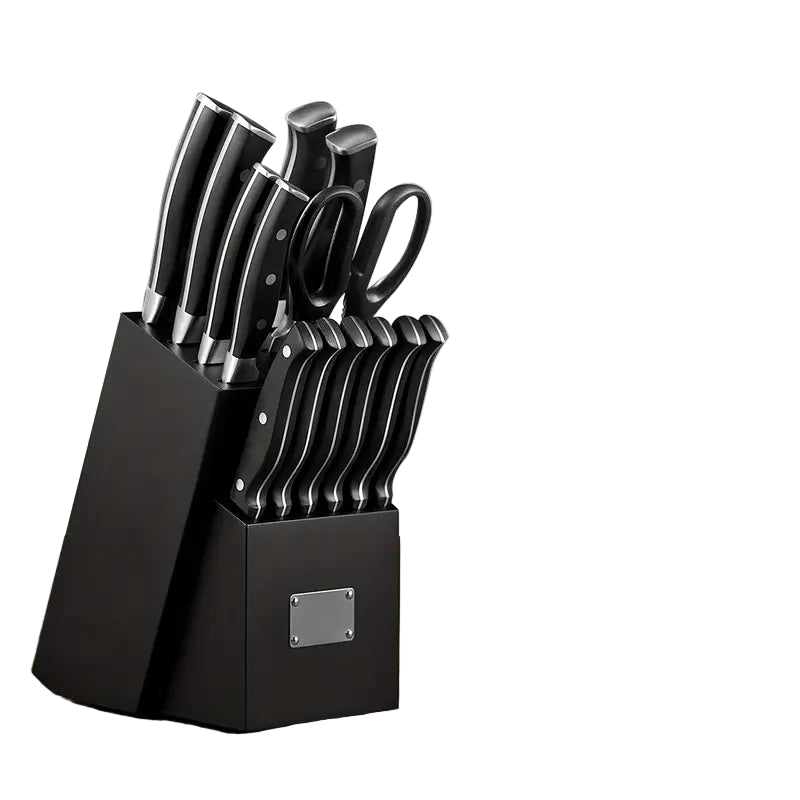 14-Piece German Stainless Steel Knife Set with Block & Built-in Sharpener – Black