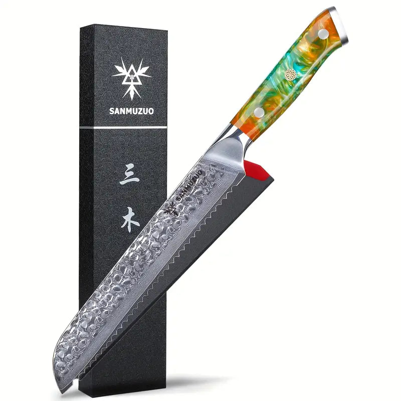 8" Bread Knife – Hammered Damascus Steel Serrated Blade with Resin Handle, Yao Series