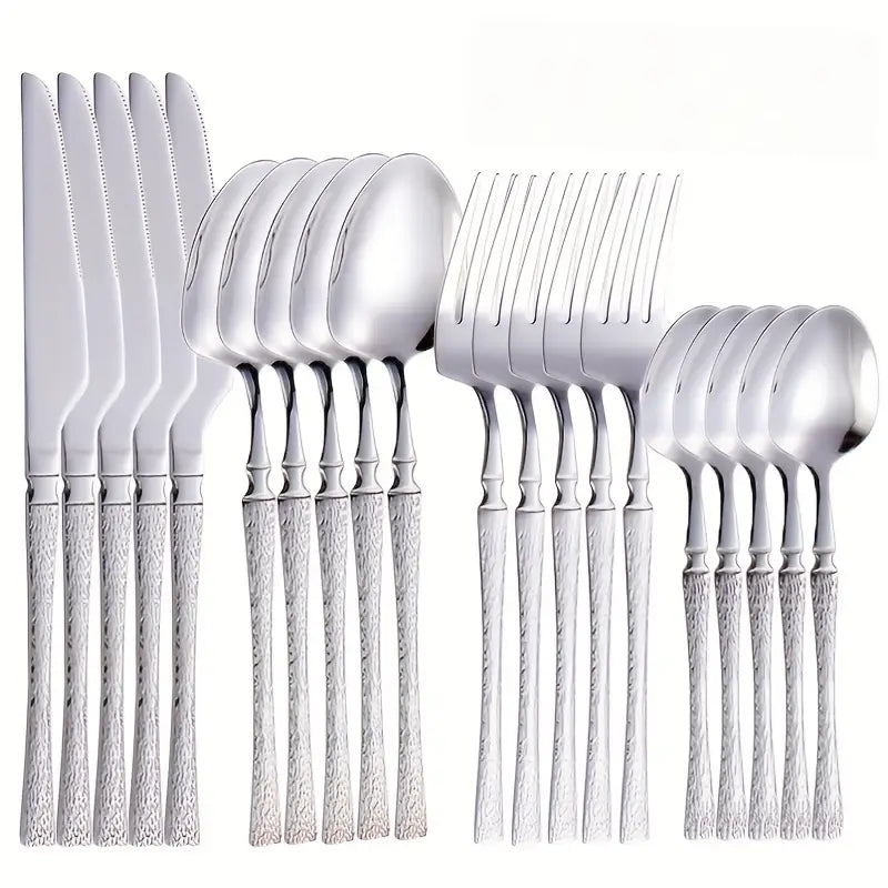 High-End 20/40pcs Stainless Steel Silverware Set – Creative Hammered Handle Cutlery for Home, Restaurant & Party