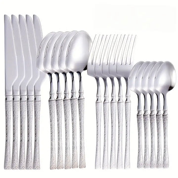 High-End 20/40pcs Stainless Steel Silverware Set – Creative Hammered Handle Cutlery for Home, Restaurant & Party