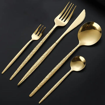 12 Sets (60 PCS) Gold Hammered Stainless Steel Dinnerware Set – Knife, Fork, Spoon, Teaspoon, Dessert & Fruit Utensils for Home, Hotel, & Weddings