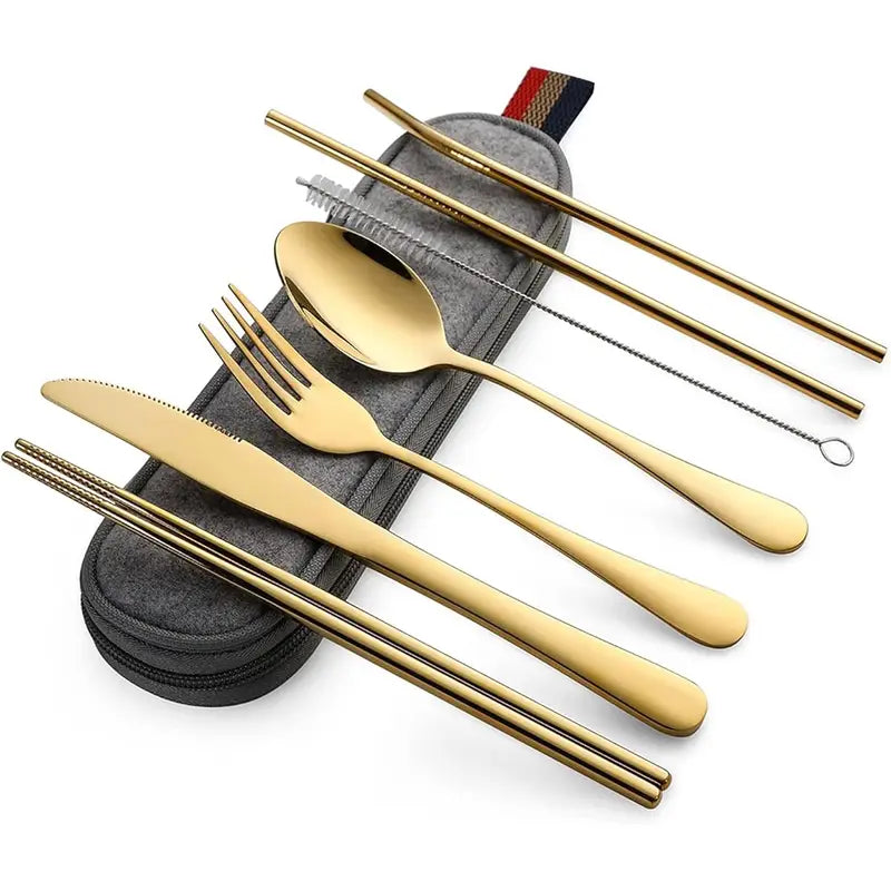 8-Piece Golden Stainless Steel Portable Camping Cutlery Set with Case - Knife, Fork, Spoon, Chopsticks, Straw & Cleaning Brush - Travel Essentials for Camping, Picnic & Outdoors