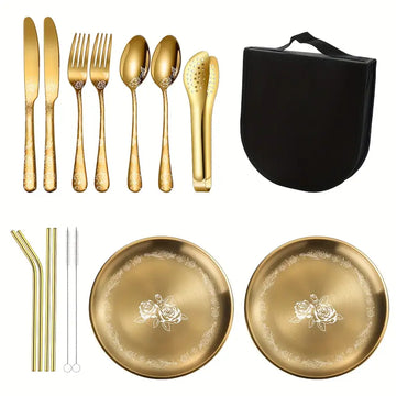 16pcs Premium Stainless Steel Camping Utensil Set with Floral Designs – Portable Travel Cutlery Kit for Hiking, Picnic, BBQ – Includes Knife, Fork, Spoon, Plates, Food Clip, Straws & Cleaner Brush – Ideal for Thanksgiving and Outdoor Adventures